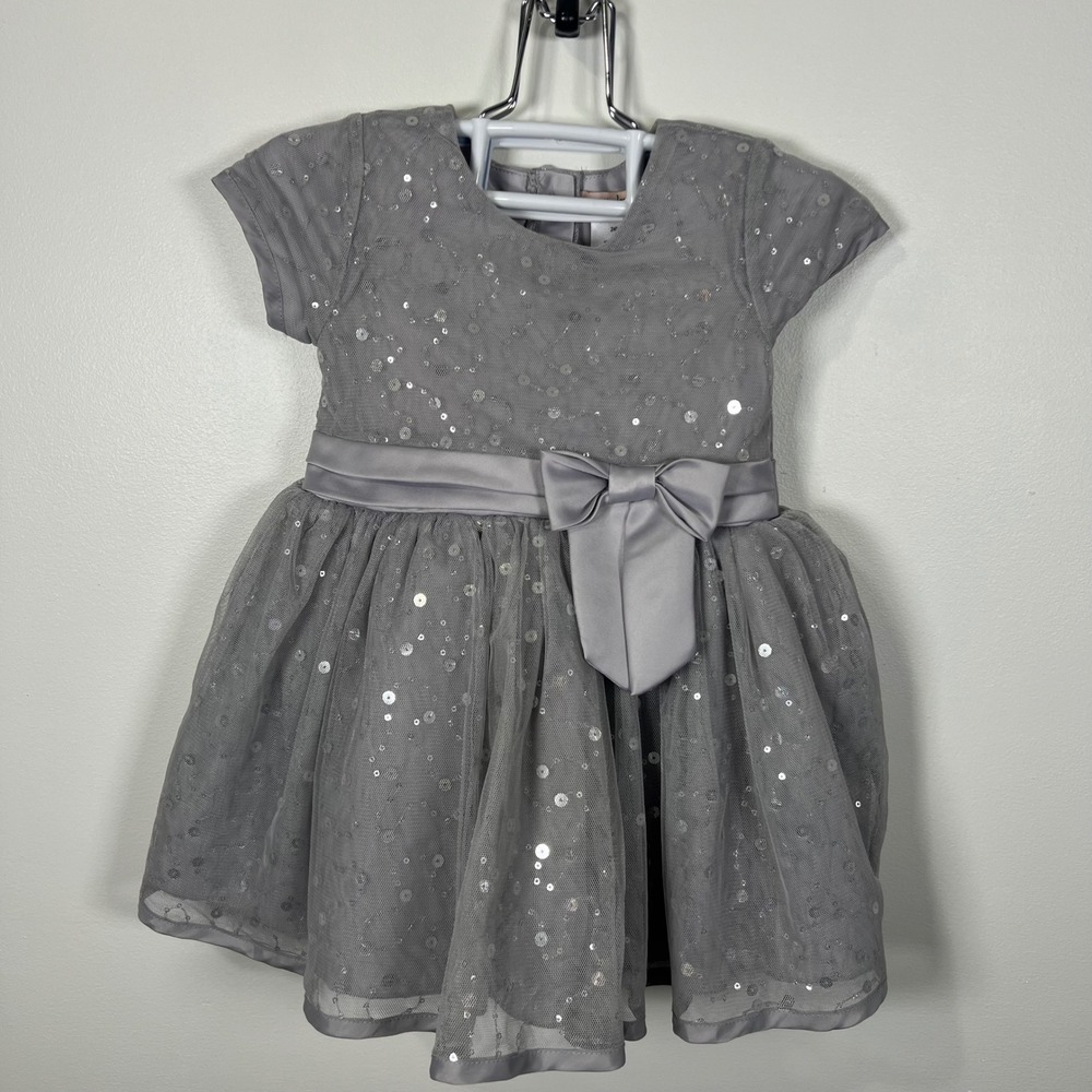 Nanette Lepore Girls Silver Sequin Tulle Party Dress Bow Rhinestone Buttons 24M